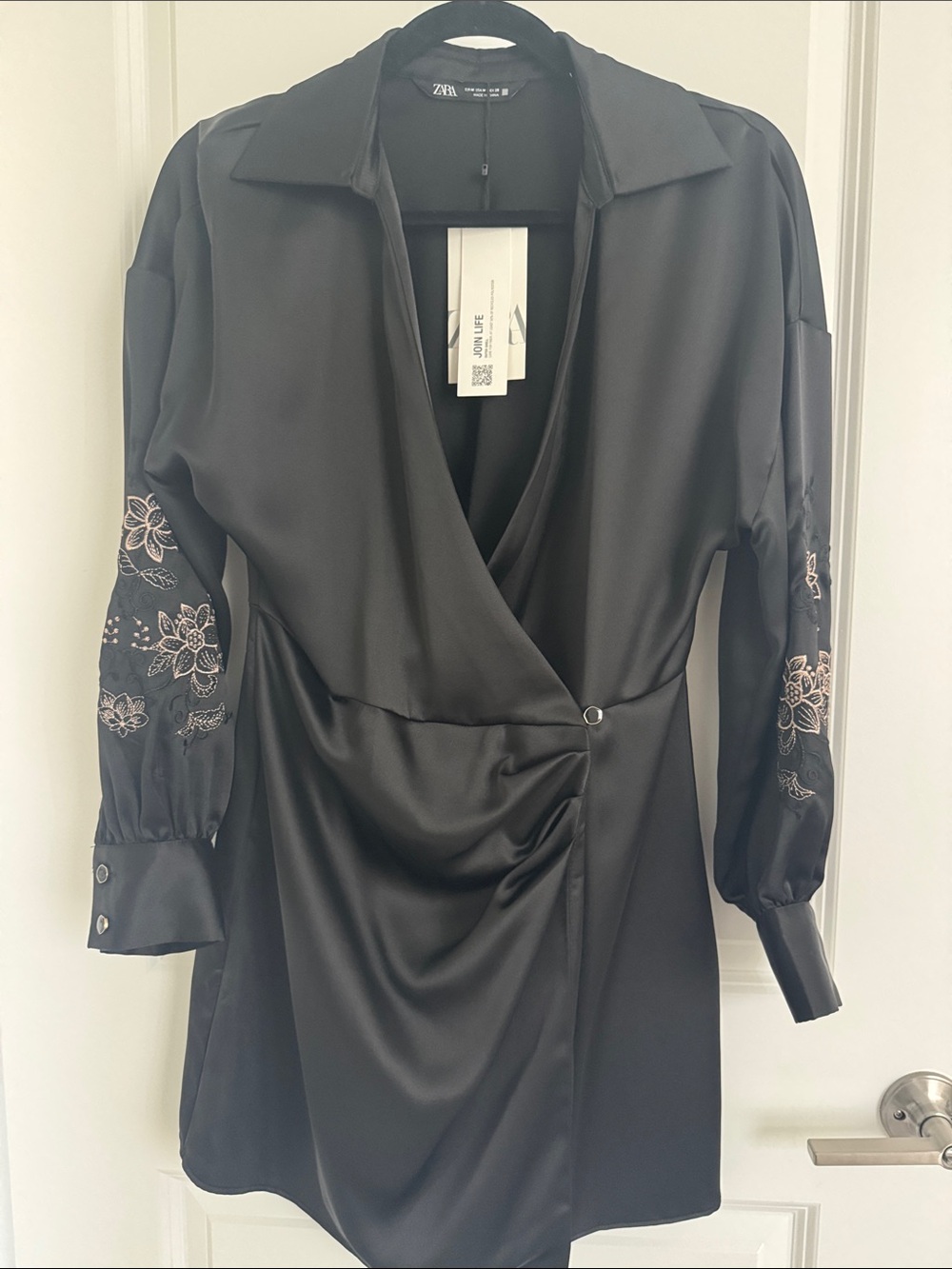Zara Black Satin Wrap Mini Dress with Embroidered Sleeves